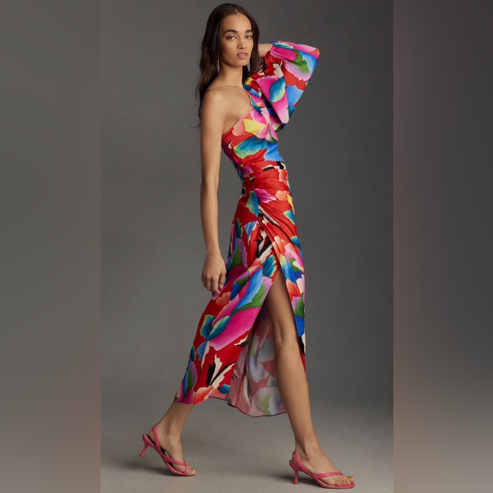 Farm Rio x Anthroplogie One-Shoulder Slim Floral Midi Dress Small Slit Leg Puff
